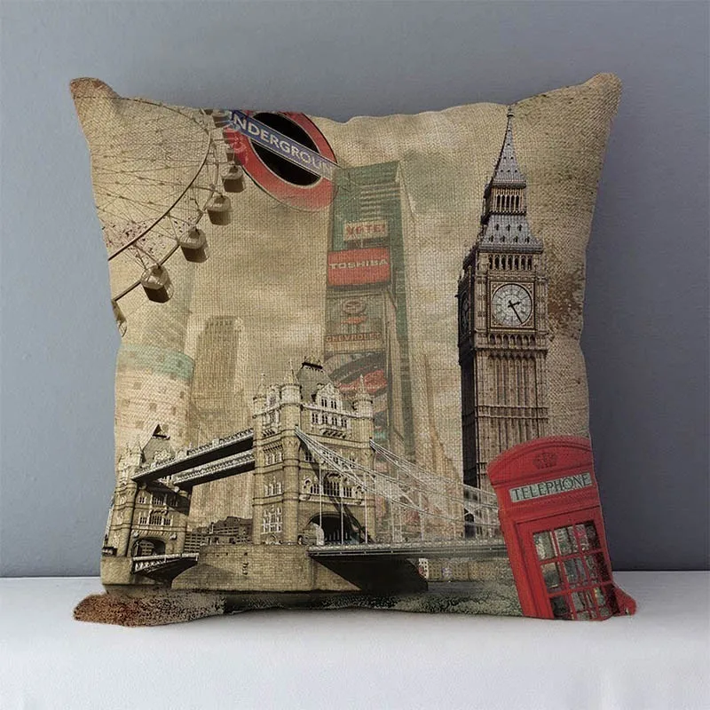 Retro Nostalgic couch cushion home decorative pillows London Paris scenic printed square 45x45cm pillowcase seat back cushions 