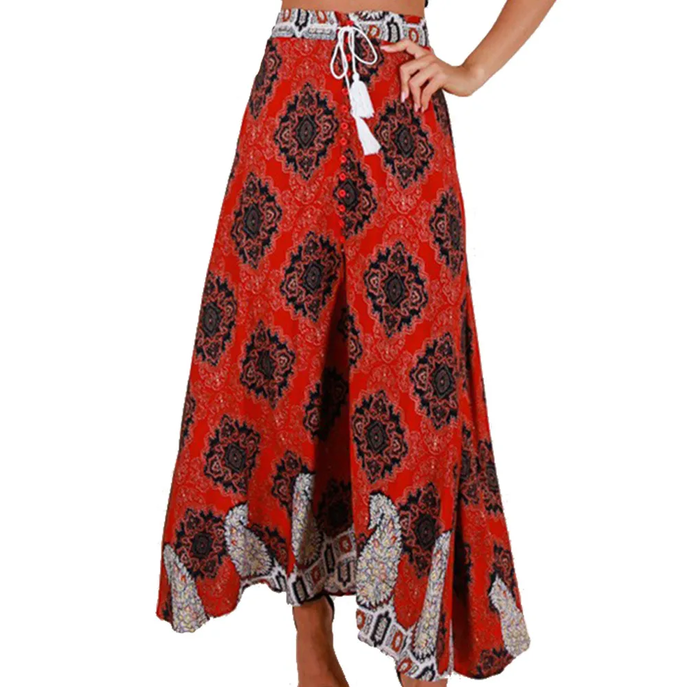 Womail Для женщин юбка летние богемные Бандаж с высокой талией и пуговицы пляжное макси-юбка с принтом Повседневное dropship f9