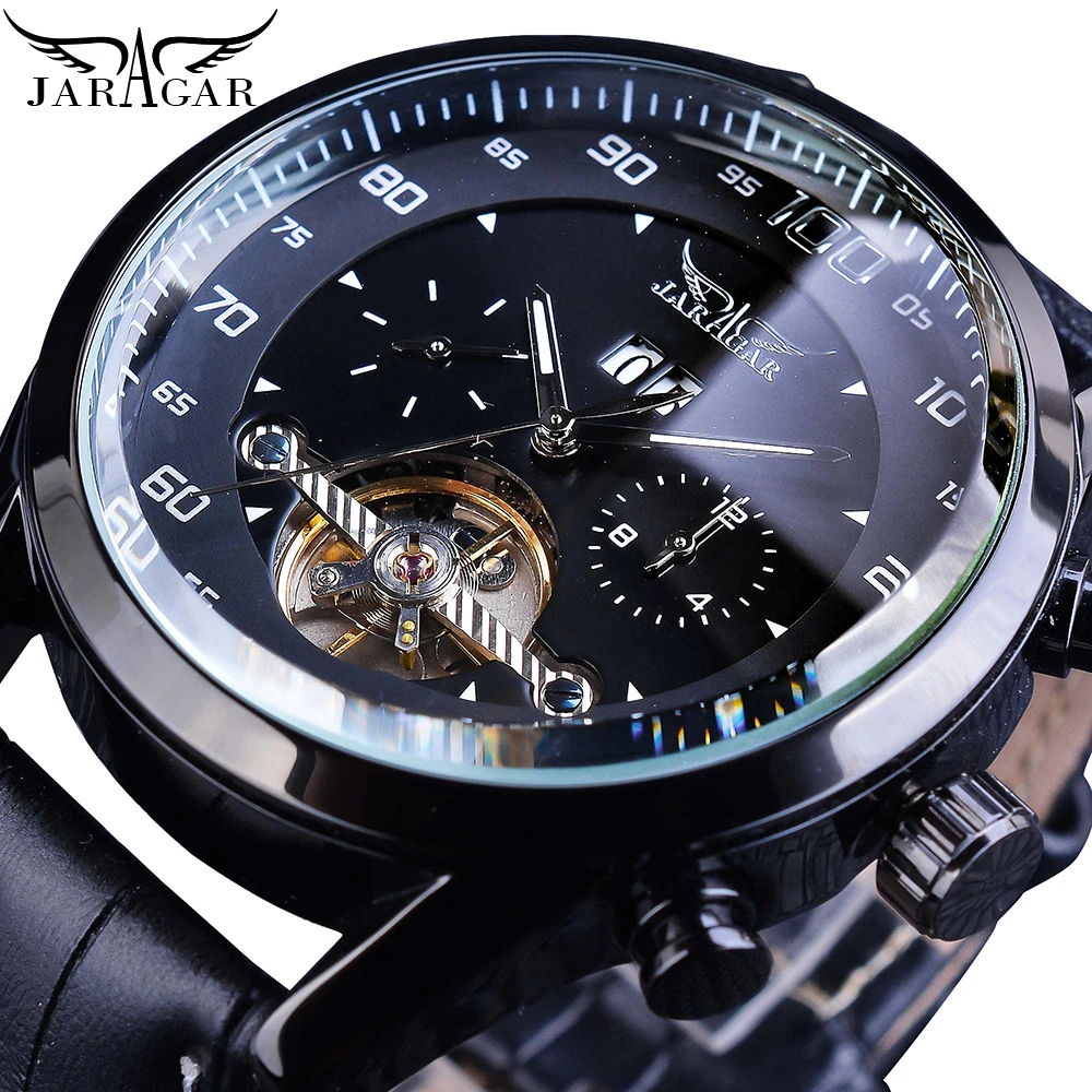 

JARAGAR Black Toubillion Dash Board Design Automatic Calendar Mens Leather Band Watch Sports Big Dial Self-Wind Mechanical Clock