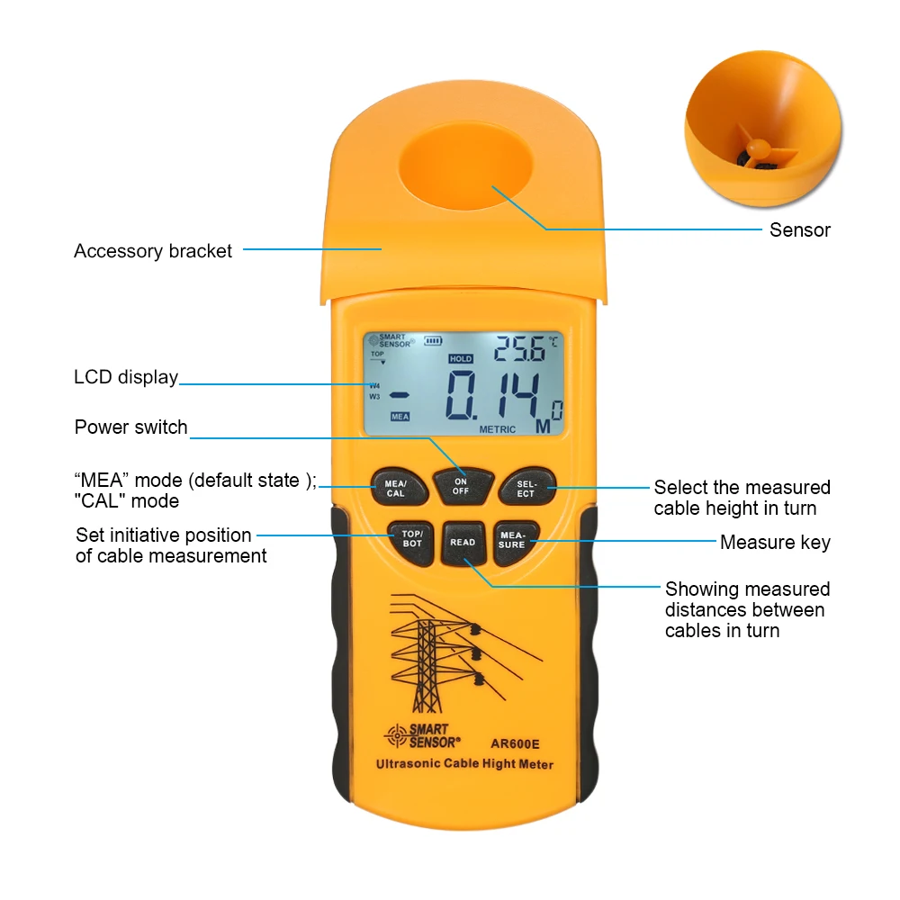 AR600E Ultrasonic Cable Height Meter 6 Cables Measurement Handheld LCD display Measuring Range( Height 3-23m,Plane 3-15m