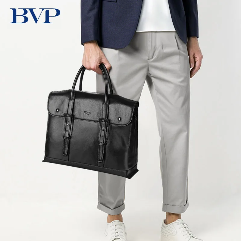 Мужской портфель из воловьей кожи BVP черный деловой натуральной для ноутбука 14