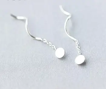 

New Real. 925-STERLING-SILVER Round Twisted Bar Chain Threader Ear Earrings Pull Through Dangle GTLE659