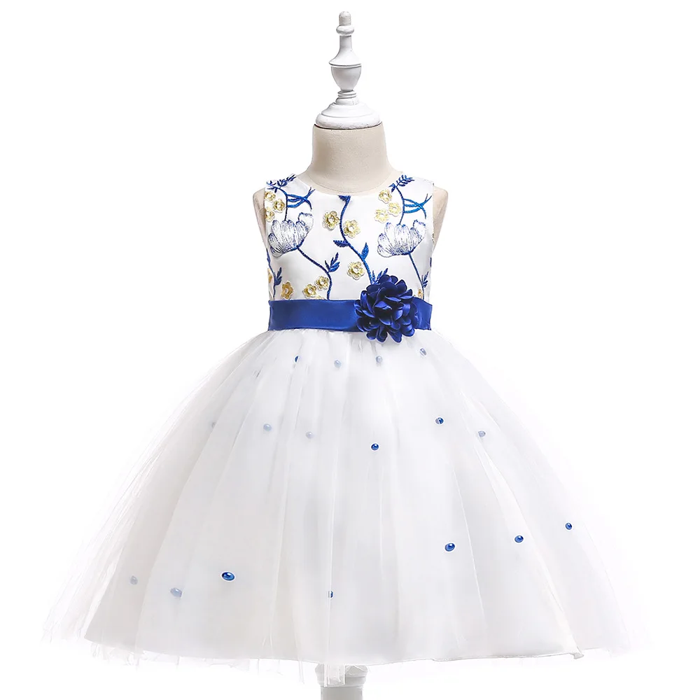 Бальное платье без рукавов бежевый по колено для девочек в цветочек платья синий Дети платье Детские платья для девочек с бантом