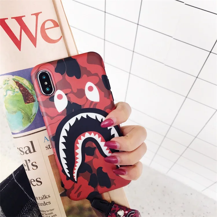 

Camouflage Shark Mouth Phone Case Full Cover Soft Case For iPhone XS Max/XS/X 6/6S 7/8 Plus Lanyard Tpu