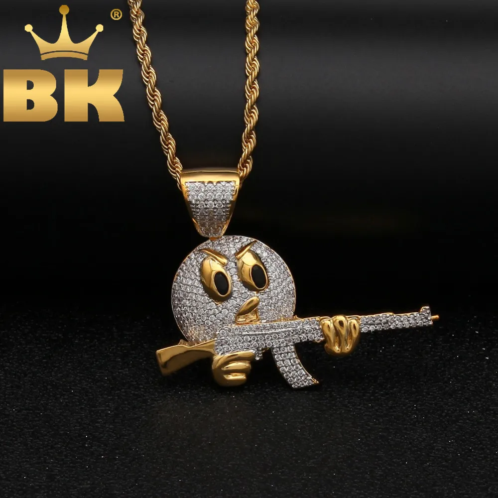 

Angry Emoji Face With Gun Pendant Top Quality Micro Paved Cubic Zirconia Cool Necklace Gold Chain Mens Hiphop Jewelry