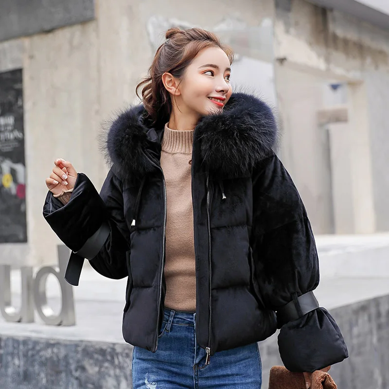 SNOW PINNACLE Autumn Winter short parkas jacket Pink flannel fabric big fur thick warm hooded jacket coat Styled fashion parka - Цвет: Black