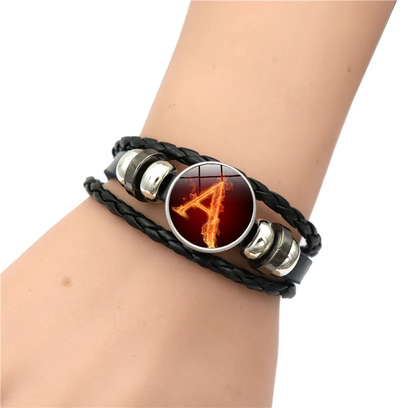 Flame A-M Letters Bracelet PersonalityTeam Name Rope Bracelet Black Leather Bracelet Men Women Fashion