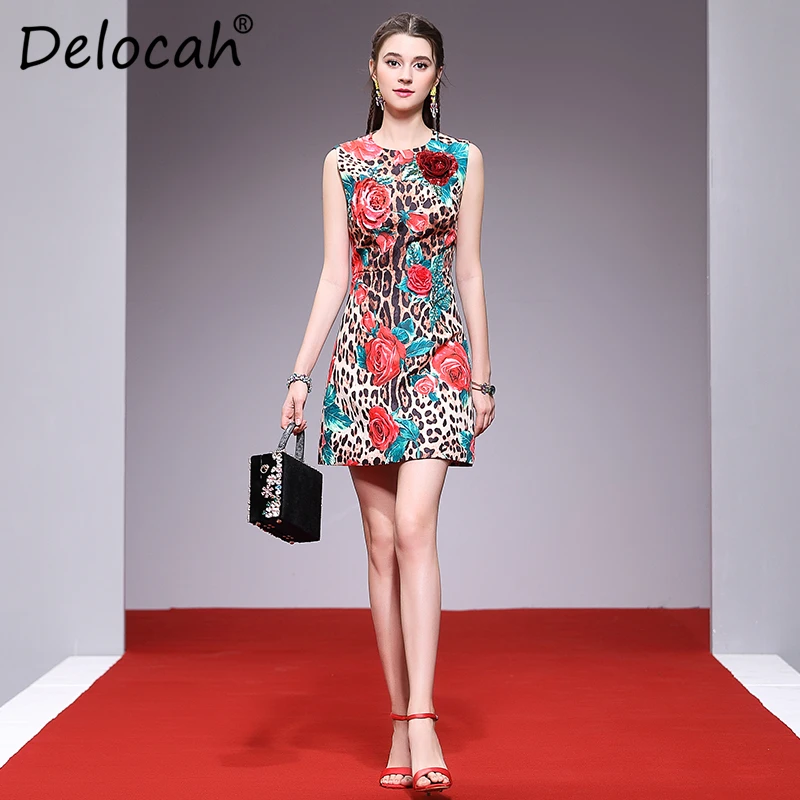 

Delocah Women Spring Summer Dress Runway Fashion Designer Sleeveless Gorgeous Appliques Leopard Printed Elegant Slim Lady Dress