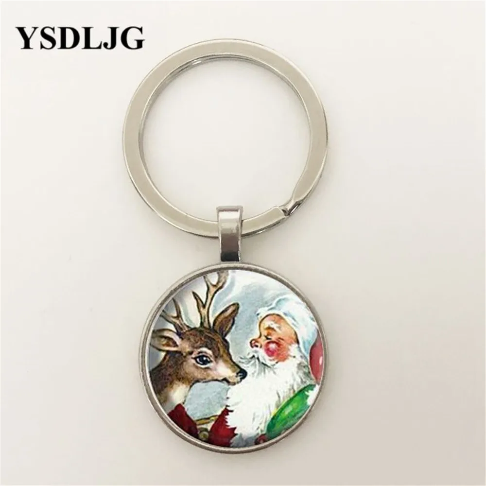 

2019 New glass pendant necklace jewelry fashion elk Christmas old man bronze Women Gifts Round Glass Cabochon Pendant Keychian