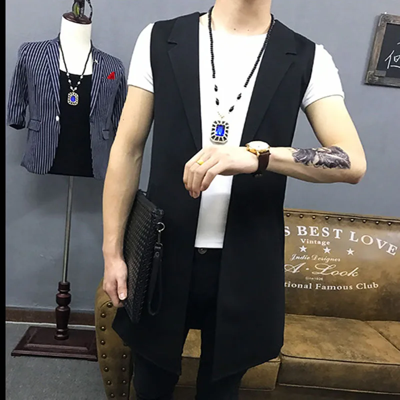 Мужская длинная жилетка черная тонкая без рукавов на одной кнопке M 5XL|long vest men|fashion