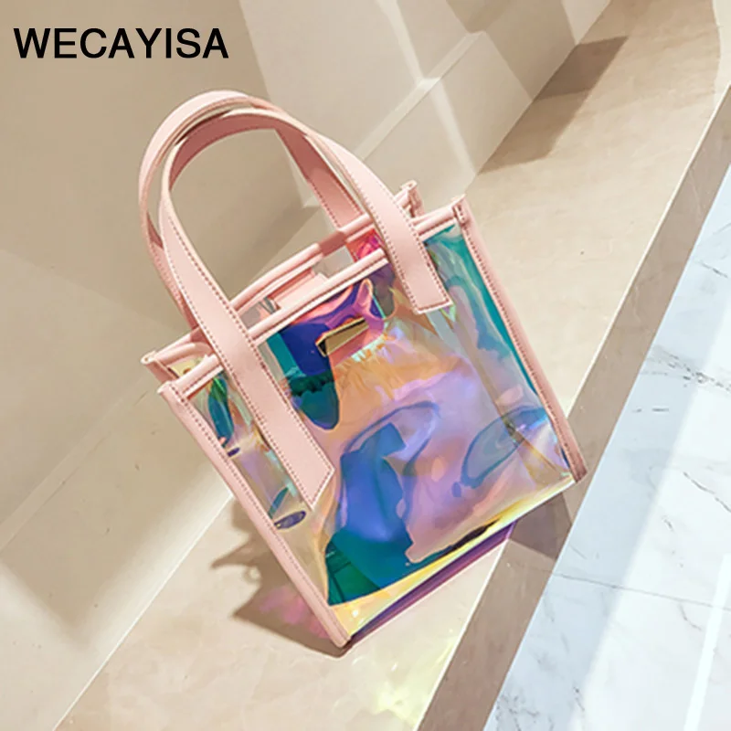 

WECAY2018 new Transparent bag wave mobile handbag wild Messenger Bucket bag summer hot sale jelly female bags pink black 2color