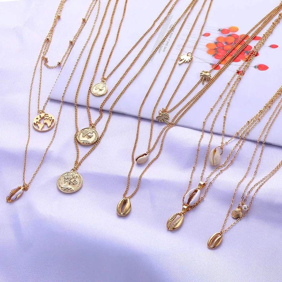 

UMKA Boho Moon Shell Map Beads Multi layer Necklaces 2019 For Women Gold Sliver Fashion Necklaces & Pendants Ocean Jewelry