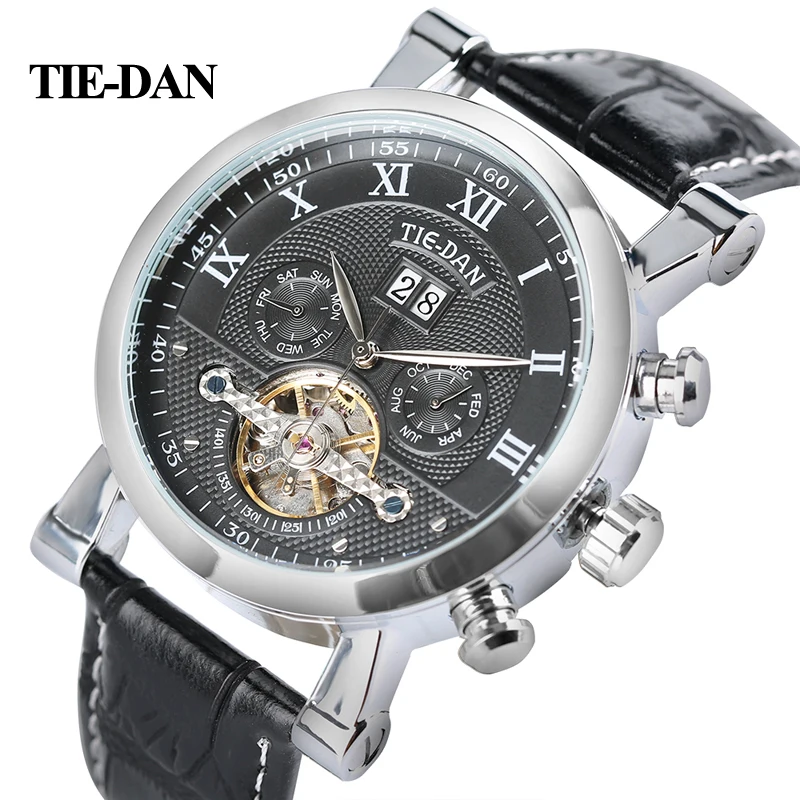 TIEDAN, мужские часы, роскошные, топ Tourbillon, механические часы, мужские, военные, бизнес, с автоматическим заводом, наручные часы из натуральной кожи