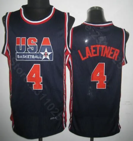 

Ediwallen Men 4 Christian Laettner Basketball Jersey American 1992 USA Dream Team One Stitched Navy Blue Home White Away