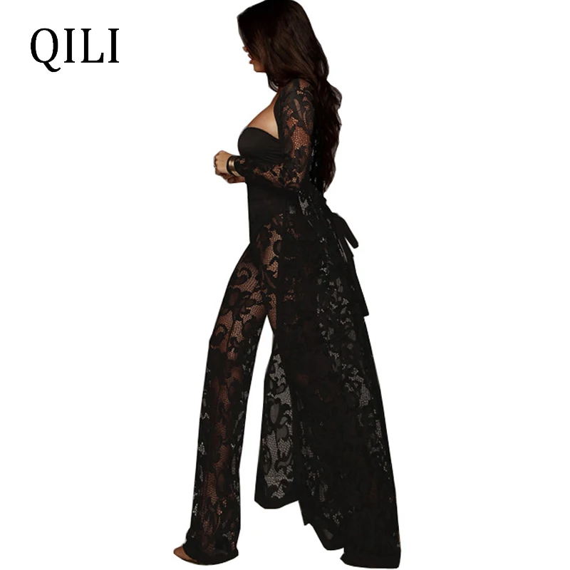 QILI, женские кружевные комбинезоны с длинным рукавом, белые, черные, красные, широкие штаны, комплект из 3 предметов, сексуальный кружевной комбинезон, наряды размера плюс