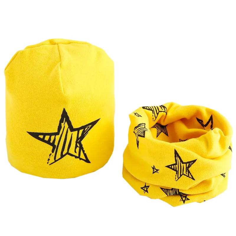 Осенне-зимняя детская шапка, шарф, комплект для мальчиков и девочек, шапки со звездами, хлопковый шарф, детские шапки, Детские шапочки набор шарфов - Цвет: yellow star