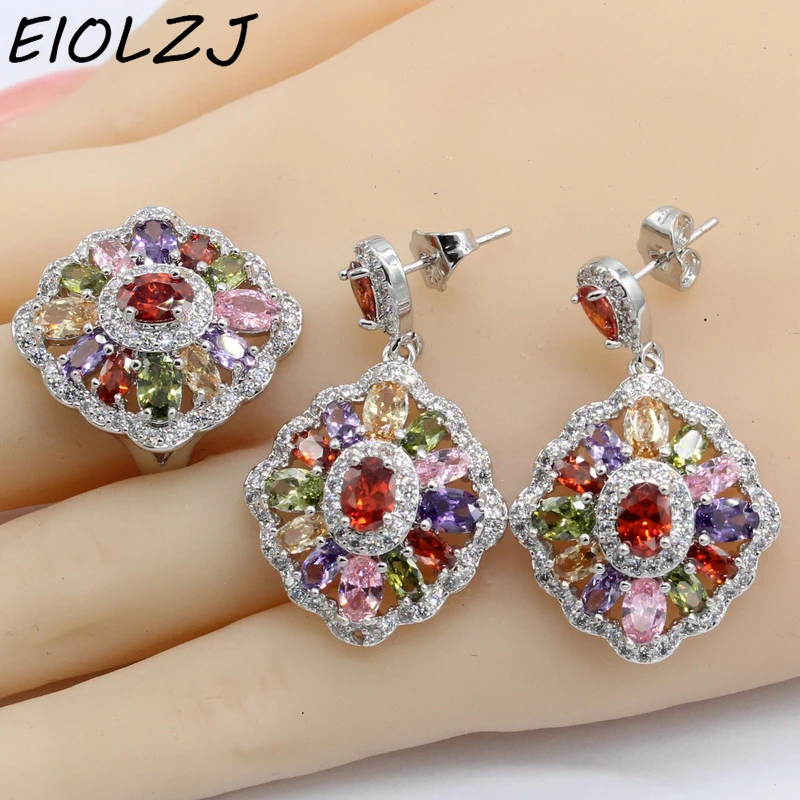 

925 Sterling Silver Jewelry Sets For Women Multicolor Synthesis CZ Earring Sets Ring Dangle Earrings Jewelry Box Free Ship
