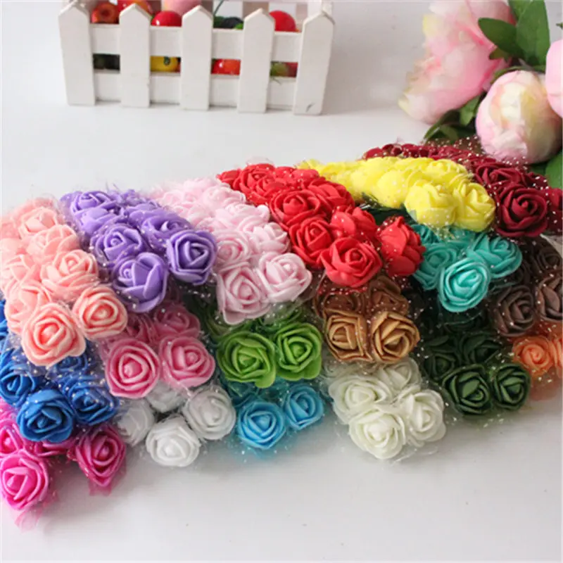 144pcs Artificial Flowers Mini Foam Rose with stem Wedding Bouquet Party Decor/_