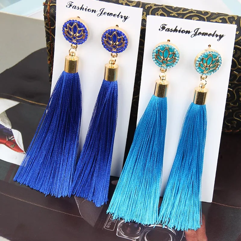 

2018 Trendy Bohemian Crystal Tassel Earrings White Blue Red Pink Silk Fabric Long Drop Dangle Tassel Vintage Earrings For Women