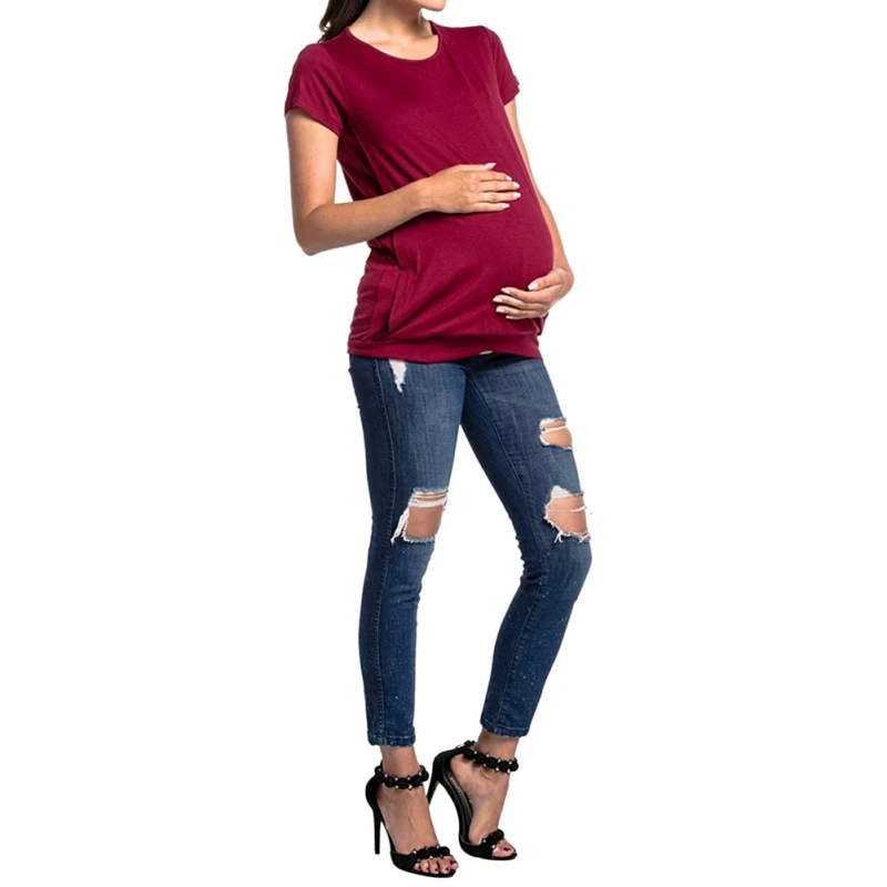 Короткий рукав лето для беременных кормящих топы полиэстер Грудное вскармливание однотонная простая одежда легко кормить ребенка можно