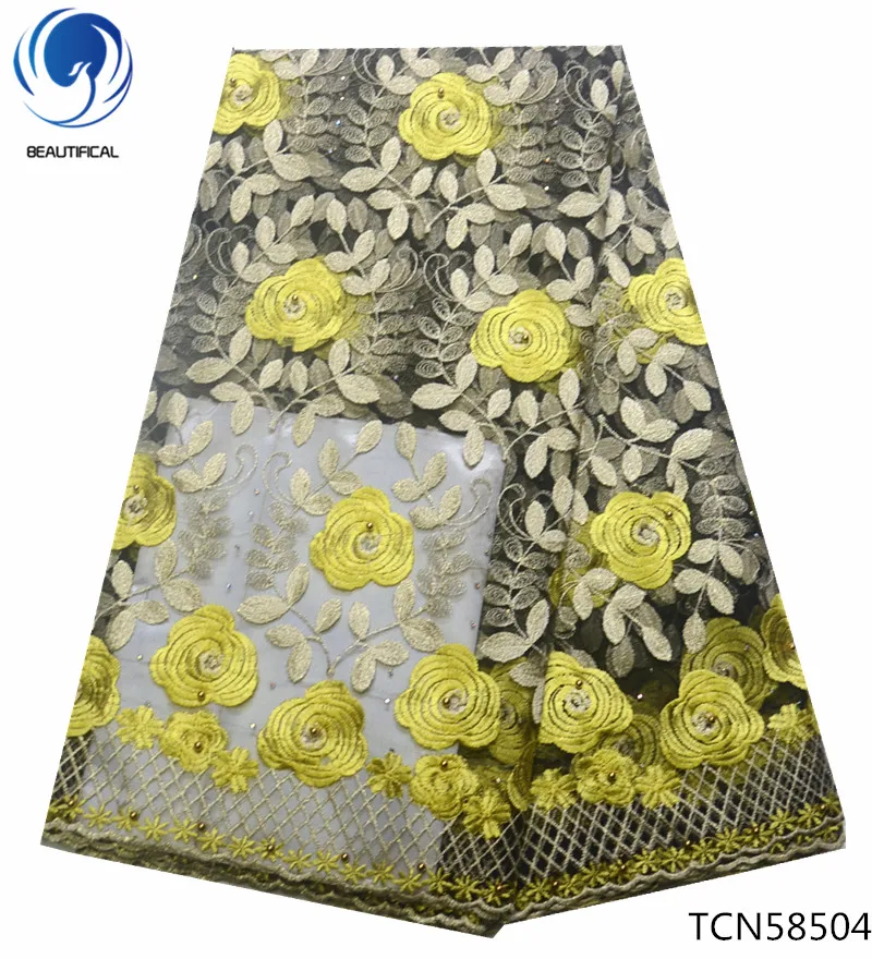 

BEAUTIFICAL tulle lace fabric 5 yards garment lace fabrics fashion lace fabrics gold beads promotional product for party TCN585