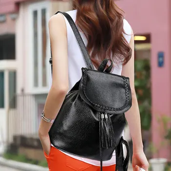 

Fashion Korean Women Casual Backpack Leather Tassels Solid Color Drawstring Bags Big Capacity Girls School Shoulder Bag KS-shipp