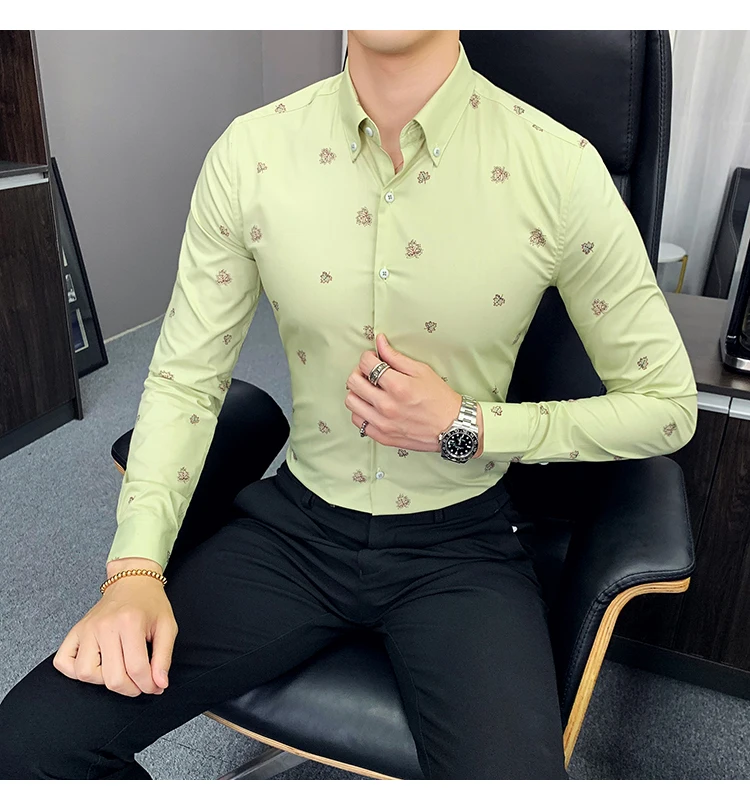 Блузка, Мужская одежда, рубашки, желтая рубашка, Camisa Social Masculina, Повседневная рубашка, облегающая, с длинным рукавом, зеленая Цветочная сорочка, уличная одежда