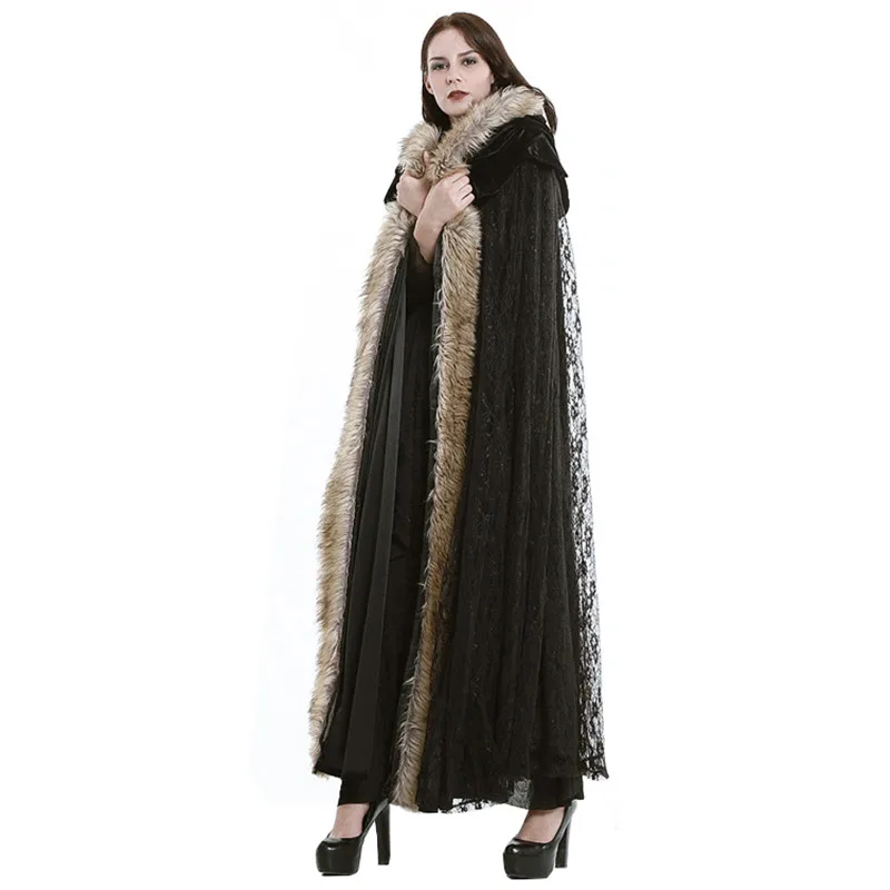 

2016 Winter Steampunk European And American Style Gothic Palace Lace Long Cloak Female Coats Outwear Black Color Flocking Plush