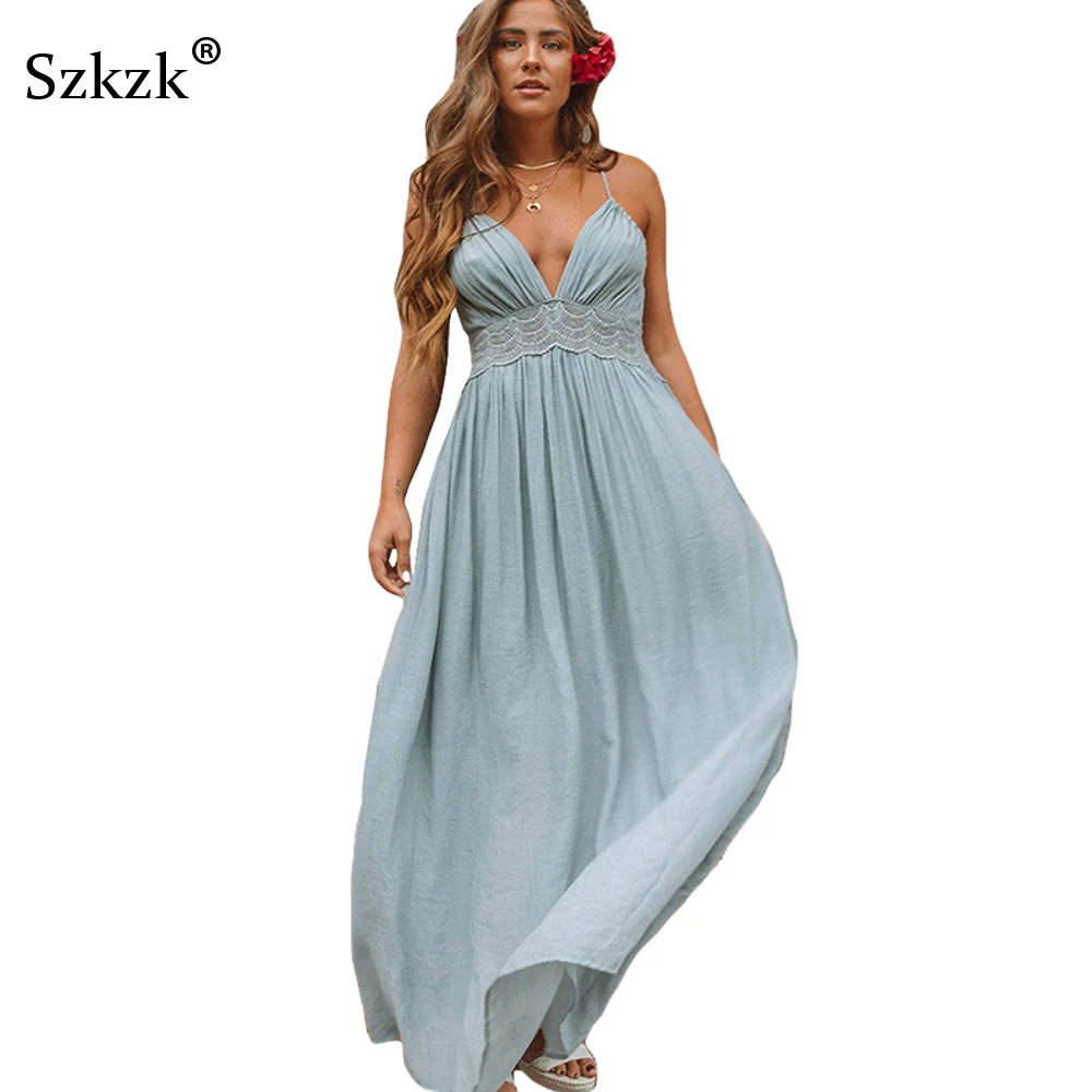 

Szkzk Boho Beach Summer White Maxi Dress Lace Patchwork Halter Spaghetti Strap V Neck Sexy Backless Casual Women Long Dress