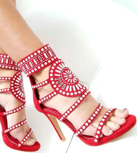 

Moraima Snc Woman Summer High Heel Sandals Open Toe Crystal Decorations Cutouts Pumps Sexy Thin Heels Gladiator Shoes Red Beige