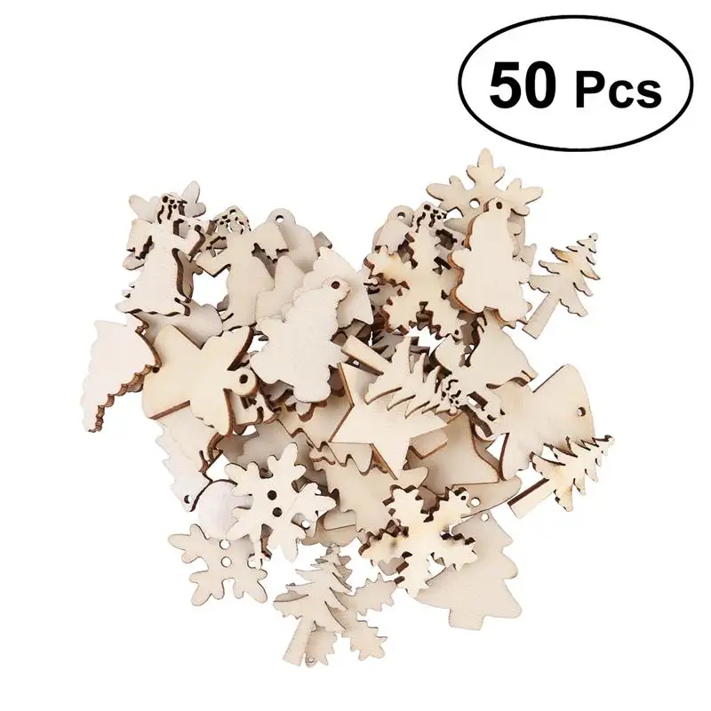 

50PCS Wooden Christmas Tree Snowman Snowflake Unfinished Slices 12 Assorted Patterns Hanging Ornament DIY Arts Crafts