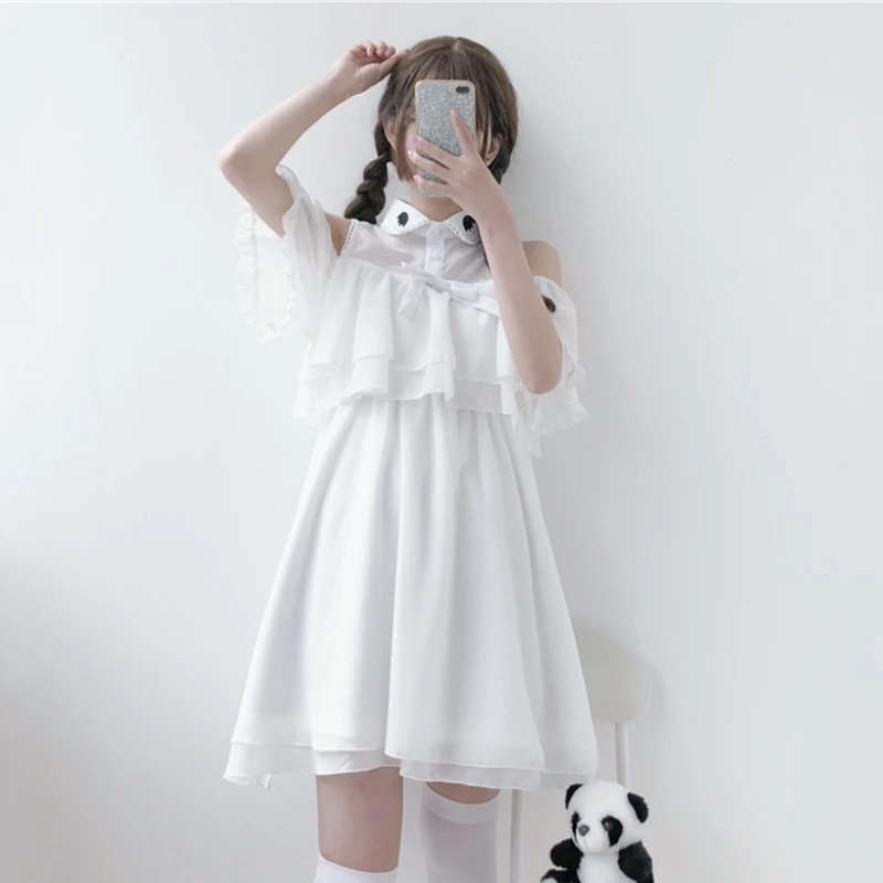 Kawaii платье женская одежда милый мультфильм Лето Turn Down воротник вышивка оборками