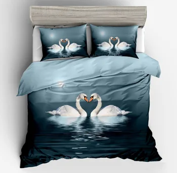 

3D White Swans in Lake in Moonlight Duvet Cover Set, Romantic 3-Piece Soft Microfiber Fabric Bedding Set with Pillowcases
