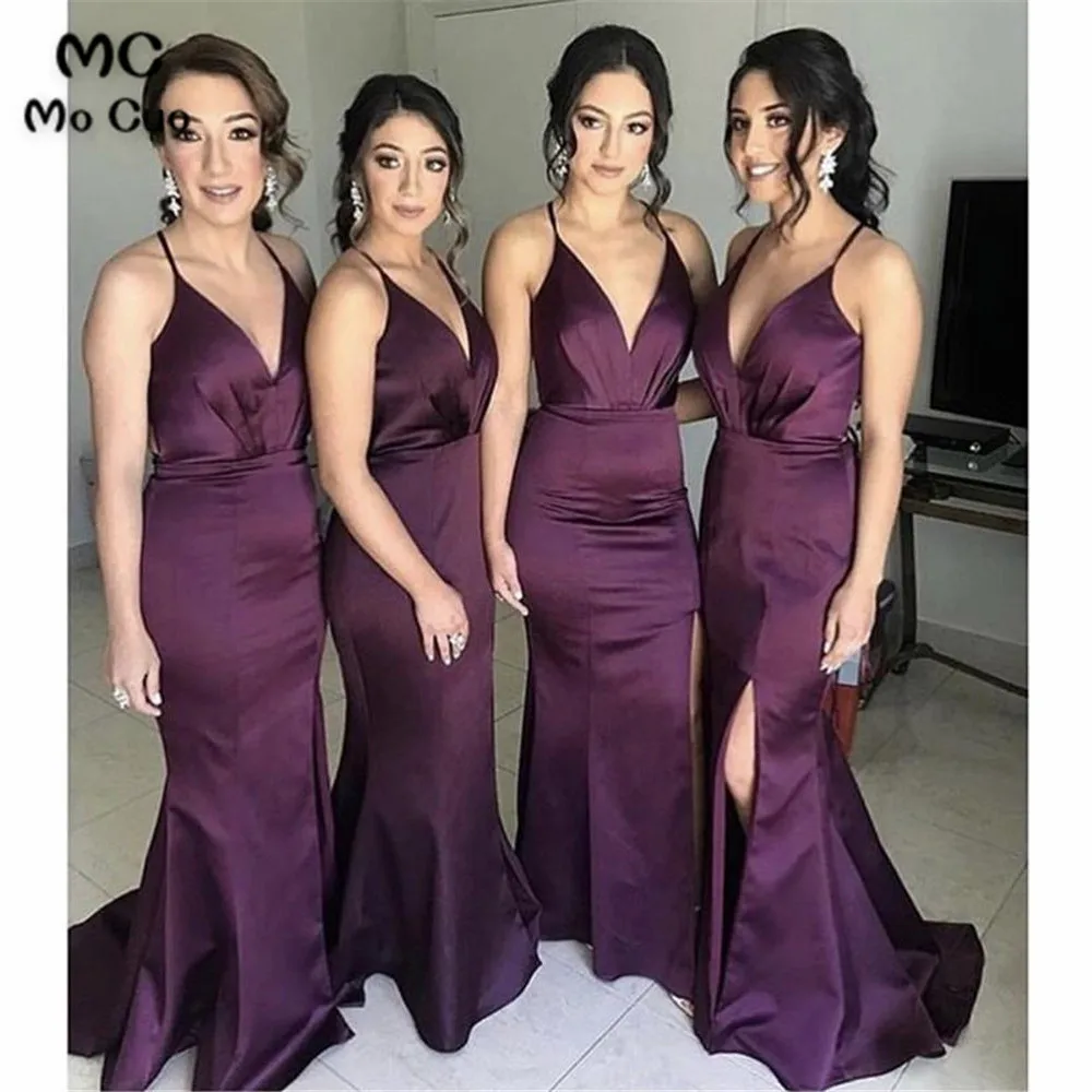 

Long Slit Mermaid Bridesmaid Dresses Spaghetti Straps Shiny Satin Wedding Party Dress Maid of the Honor Dress Vestido Madrinha