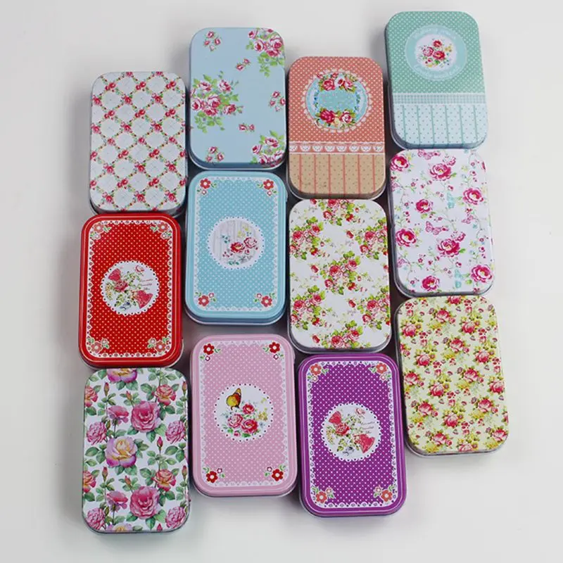 

Retro Rectangular Flower Tin Box Candy Jewelry Coin Storage Container Case Canisters Cards Candle Holder Wedding Favor Gift