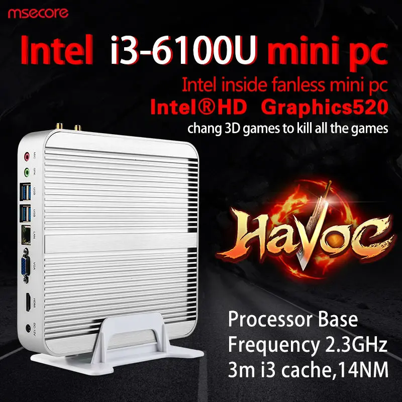 Fanless Intel Core i3 6100U Mini PC Windows 10 Desktop Computer NUC barebone system TV box