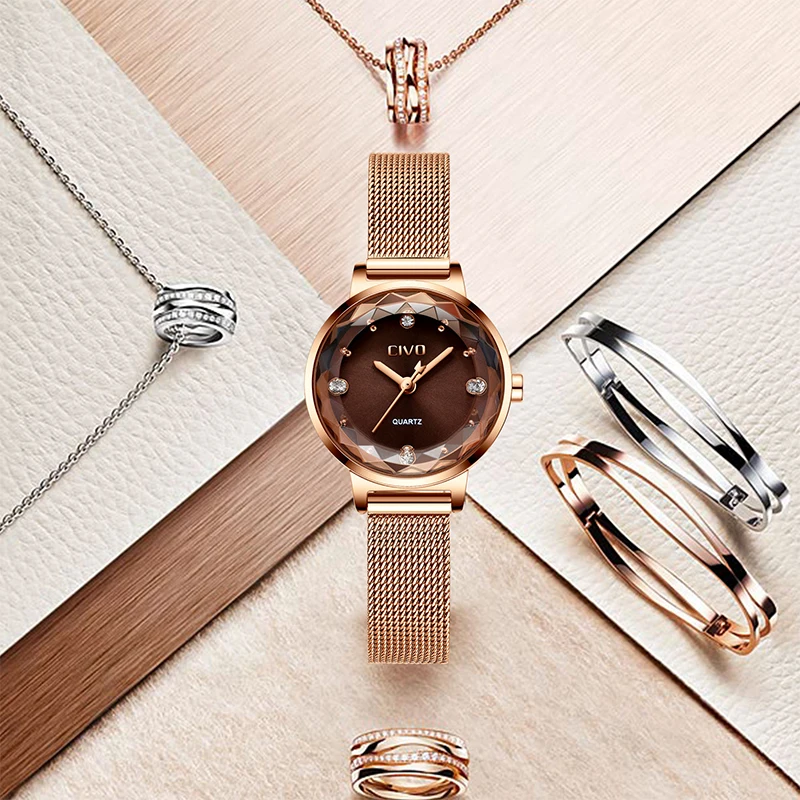 CIVO роскошные женские часы с кристаллами женские водонепроницаемые аналоговые женские часы с датой часы из нержавеющей стали с золотой сеткой наручные часы