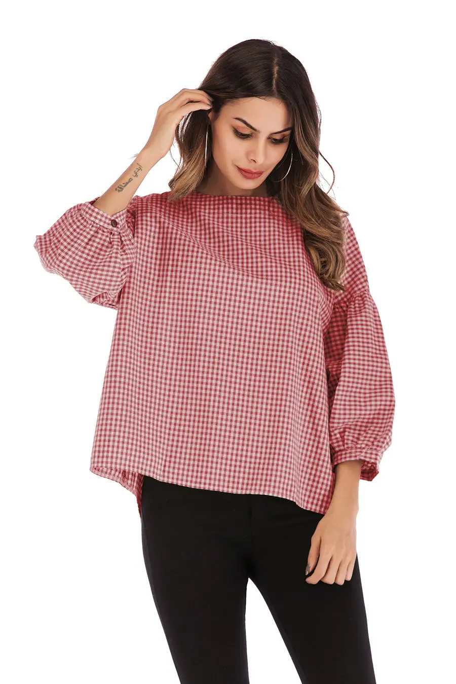 Gladiolus New 2019 Spring Plaid Shirt Women Puff Sleeve O Neck Button Loose Blouse Women Shirts Summer Casual Ladies Shirt Tops (12)