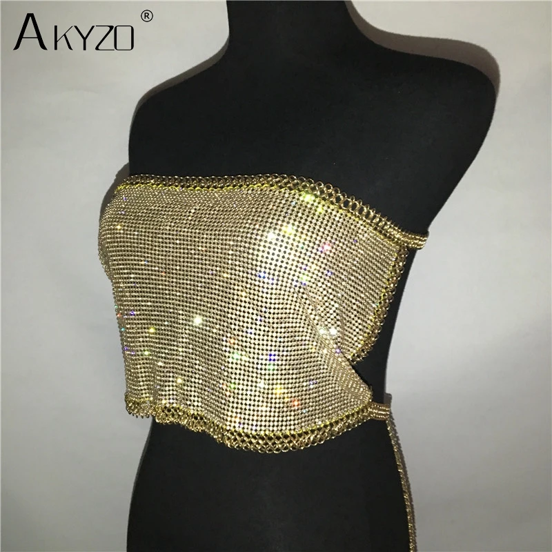 AKYZO Women Backless Luxury Rhinestone Camis Crop Top Fashion Chunky Metal Chain Diamond Hollow Out Plunge Halter Tank Tops
