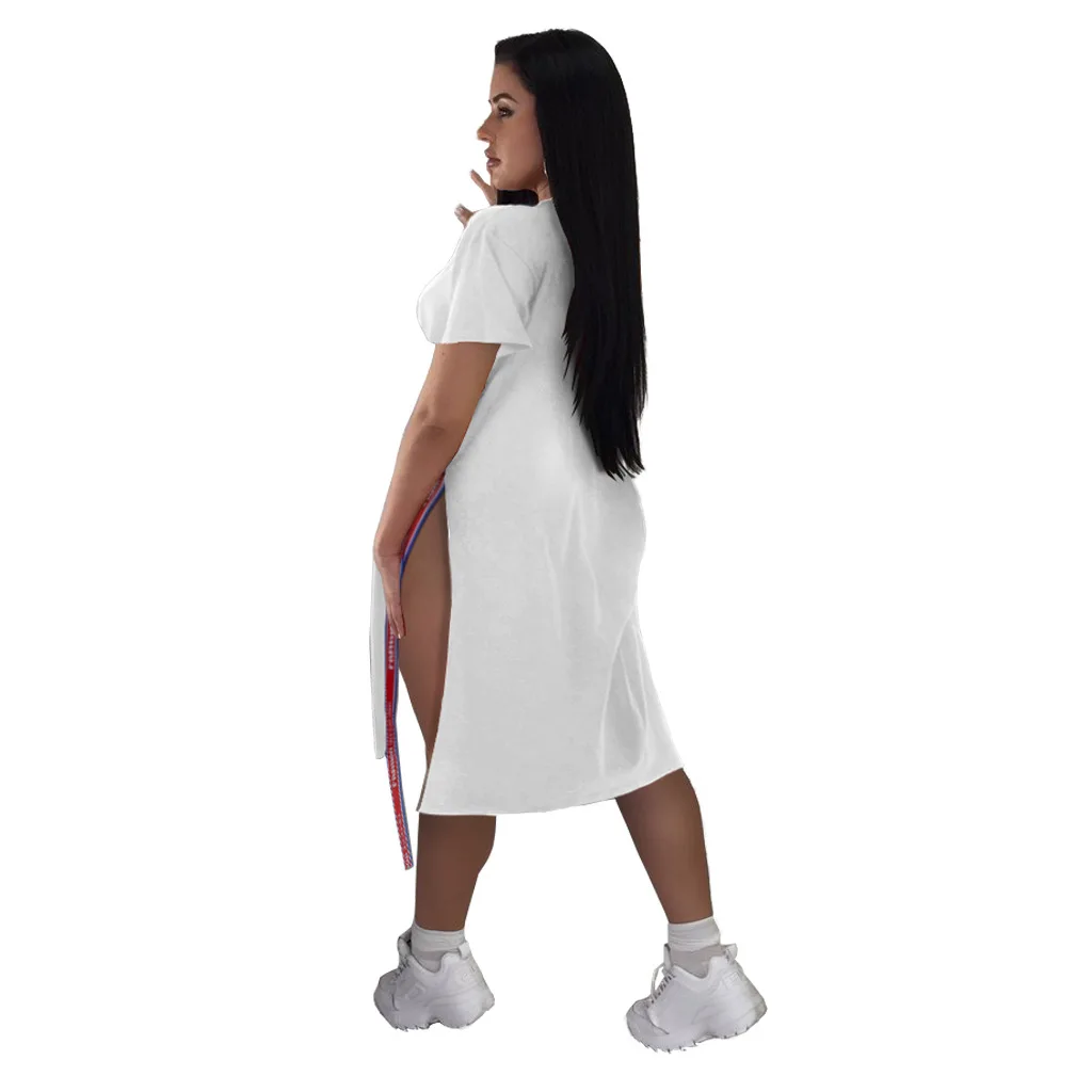 Новая мода Мультяшные женские платья Сплит письмо длинная футболка Свободная футболка Платья с лентами