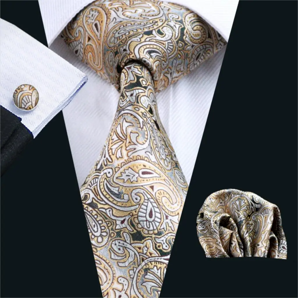 FA-271 мужские галстук желтый Пейсли 100% шелк жаккард галстук, носовой платок, Запонки Набор Бизнес Свадебная вечеринка галстуки для мужчин