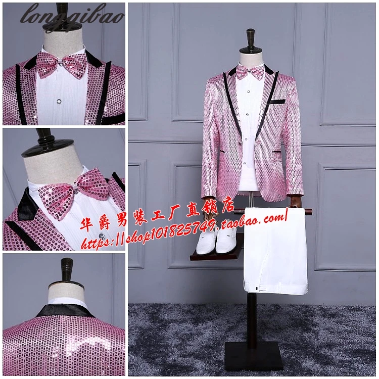 Men's black and white red powder pearl blue silver sequins costumes party host suit jacket TB7453