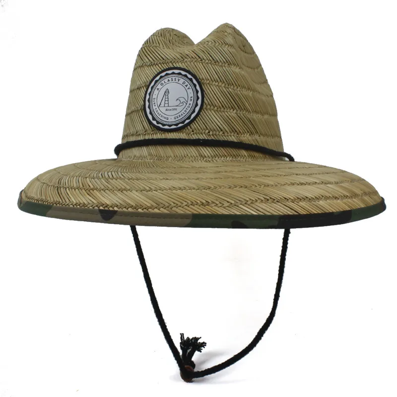 Натуральная солома тканевая спасательная шляпа для мужчин пляжная Солнцезащитная шляпа Открытый широкополый Камуфляж Панама шляпа размер 58-59 см