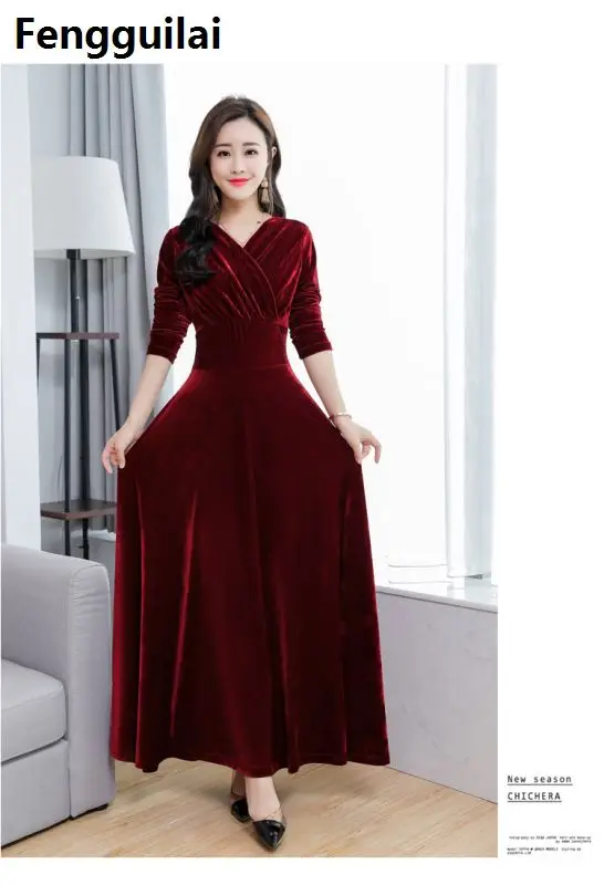 Плюс размер S-XXXL Женская одежда зимние макси платья Элегантное бархатное платье фиолетовое красное синее зеленое винтажное теплое зимнее платье