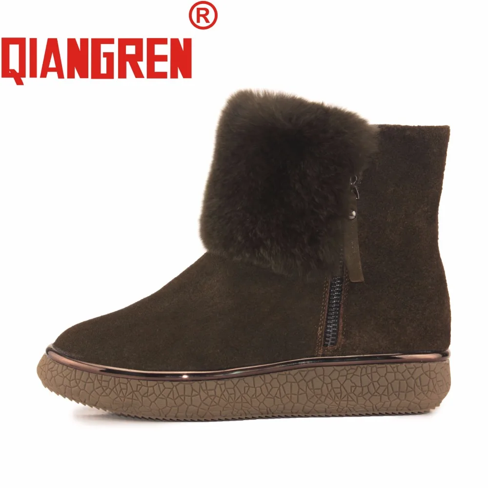 

QIANGREN Military Brand New Arrive Women's Winter Snow Boots Army Green Genuine Leather Wool Rabbit Hair Flats Outdoors Botas