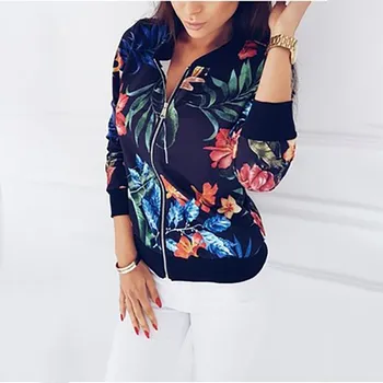 

2019 Fashion Manica Lunga Streetwear Boho Vintage Floral Print Bomber Zipper Jacket Women Coat