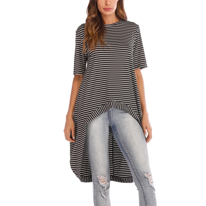 

High fashion Irregular Blouses short sleeve Tunic Basic Tops Womens Shirt Blouse Plus Size 2XL Casual Loose Striped Blouse
