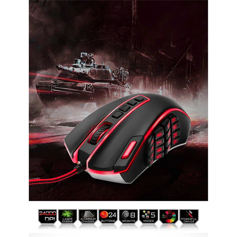 Redragon USB Wired RGB Gaming Mouse 24000 DPI 24 Buttons Laser Programmable Game Mice Backlight Ergonomic for Laptop 40AP1507