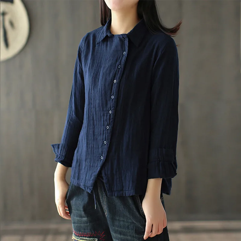 Linen Turn Down Collar Vintage Women Blouses Long Sleeve Buttons Chinese Style Solid Female Summer Shirts 2019 Spring Lady Shirt