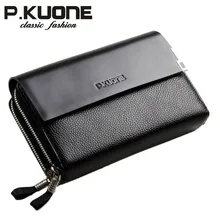 P.Kuone High Quality Double Zipper Men Brand Handbag Clutch Bag Genuine Leather Business Man Day Clutches